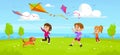 Cute little kids and a dog playing outdoors with kites, running and flying them Royalty Free Stock Photo