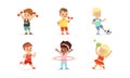 Cute Little Kids Doing Sports Set, Little Boys and Girls Exercising with Dumbbells, Playing Ball, Spinning Hula Hoop Royalty Free Stock Photo