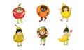 Cute Little Kids Dressed As Fruits Set, Apple, Orange, Lemon, Pear, Kiwi, Banana Vector Illustration Royalty Free Stock Photo