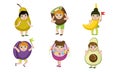 Cute Little Kids Dressed As Fruits Set, Pear, Kiwi, Banana, Plum, Avocado, Avocado, Dragon Fruit Vector Illustration