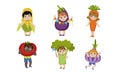 Cute Little Kids Dressed As Vegetables Set, Corn Cob, Eggplant, Carrot, Tomato, Broccoli, Garlic Vector Illustration