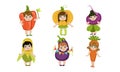 Cute Little Kids Dressed As Vegetables Set, Pepper, Pumpkin, Beetroot, Corn Cob, Eggplant, Carrot Vector Illustration