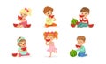 Cute Little Kids Eating Sweet and Juicy Watermelon Vector Set