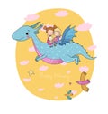 Cute little kids are flying a dragon. Cartoon brother, sister and dinosaur.