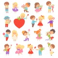 Cute Little Kids Giving Flowers Expressing Congratulations Big Vector Set Royalty Free Stock Photo