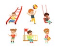 Cute Little Kids Having Fun Playing at Playground Enjoying Outdoor Activity Vector Set Royalty Free Stock Photo