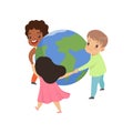 Cute little kids holding hands around the world vector Illustration on a white background Royalty Free Stock Photo