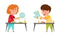 Cute little kids making crafts set. Girl and boy cutting paper and making applique. Children creativity and imagination