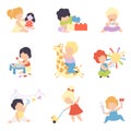 Cute Little Kids Playing with Toys Set, Toddler Boys and Girls Playing with Doll, Blocks, Stuffed Toys, Sorter, Rattle