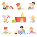 Cute Little Kids Playing with Toys Set, Toddler Boys and Girls Playing with Pyramid, Blocks, Car, Sorter, Balls Vector