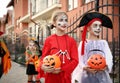 Cute little kids with pumpkin candy buckets wearing Halloween costumes going trick-or-treating Royalty Free Stock Photo