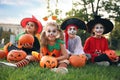 Cute little kids with pumpkins wearing Halloween costumes in park Royalty Free Stock Photo