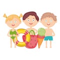 Cute little kids with swimsuit and summer icons