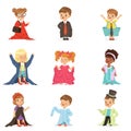 Cute little kids wearing adult oversized clothes set, children pretending to be adults vector Illustrations