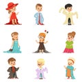 Cute little kids wearing elegant adult oversized clothes set, children pretending to be adults vector Illustrations
