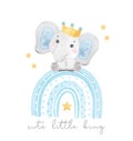 Cute little king baby blue boy elephant sitting on blue rainbow, baby shower birthday animal watercolor hand drawn vector