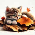 Cute little kitten with autumn leaves on a white background. The concept of the season of the year. AI Generated animal ai