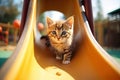 Cute little kitten cats that playing together at playground with happiness, funny moment of pet, fluffy cat, with Generative Ai