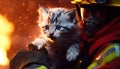 Cute little kitten in fire fighter uniform with fire engine on background