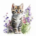 Cute little kitten with flowers isolated on white background. Watercolor painting AI Generated Generative AI Royalty Free Stock Photo