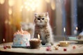 A cute little kitten near the cake. Birthday celebration