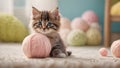 Cute little kitten playing with colorful pastel wool yarn balls. Pets, animal love concept. Royalty Free Stock Photo