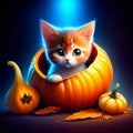 Cute little kitten in a pumpkin Jack O\'Lantern Generative AI