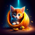 Cute little kitten in a pumpkin Jack O Lantern. Halloween illustration. AI Generated