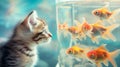 Cute little kitten sitting in front of an aquarium staring at swimming goldfish. Focused expression
