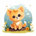 a cute little kitten sitting on a rock with flowers in the background Royalty Free Stock Photo