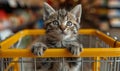 Cute little kitten sitting in shopping cart in pet store Royalty Free Stock Photo