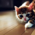 cute little kitten sneaks on the floor and looks at the camera