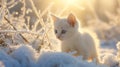 Cute little kitten in the snow at sunset. Beautiful winter scene. Royalty Free Stock Photo