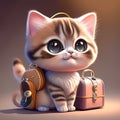 Cute little kitten with suitcase on a brown background. 3d illustration AI generated animal ai