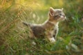 Cute little kitten walk in green grass. Portrait in summer garden Royalty Free Stock Photo