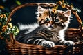 Cute little kitten wearing chaplet in a basket Royalty Free Stock Photo