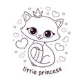 Cute little kitten wearing a crown. Black and white, linear drawing. Vector