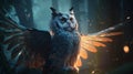 Cute little kitten with wings. Winged cat, cat with owl wing on fantasy forest