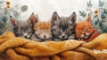 Cute little kittens sleeping in a warm blanket. Digital painting. Generative AI Royalty Free Stock Photo