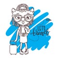 Cute little kitty in glasses with travel bag and camera.