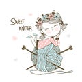 Cute Little Knitter With A Huge Skein Of Yarn. Vector