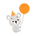 Cute little koala in birthday hat holding balloon. Cartoon animal character for kids t-shirt, nursery decoration, baby Royalty Free Stock Photo