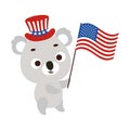 Cute little koala holding flag of United States in patriotic hat. Cartoon animal character for kids t-shirt, decoration, baby Royalty Free Stock Photo