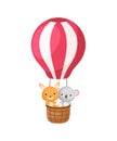 Cute little koala, kangaroo fly on red hot air balloon. Cartoon character for childrens book, album, baby shower, greeting card, Royalty Free Stock Photo