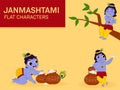 Cute Little Krishna Flat Characters Set Over Yellow Background For Janmasthami