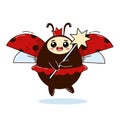 Cute little ladybug fairy with a crown with a magic wand. Cartoon character lady beetle. Vector illustration for designs