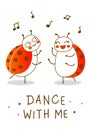 Cute little ladybugs dancing isolated on white background - cartoon character for funny greeting card and poster design