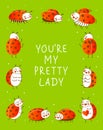 Cute little ladybugs on green background - cartoon vertical frame for funny design