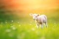 Cute little lamb on fresh spring green meadow during sunrise background Royalty Free Stock Photo