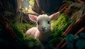 Cute lamb in a green fairy forest, generative ai
